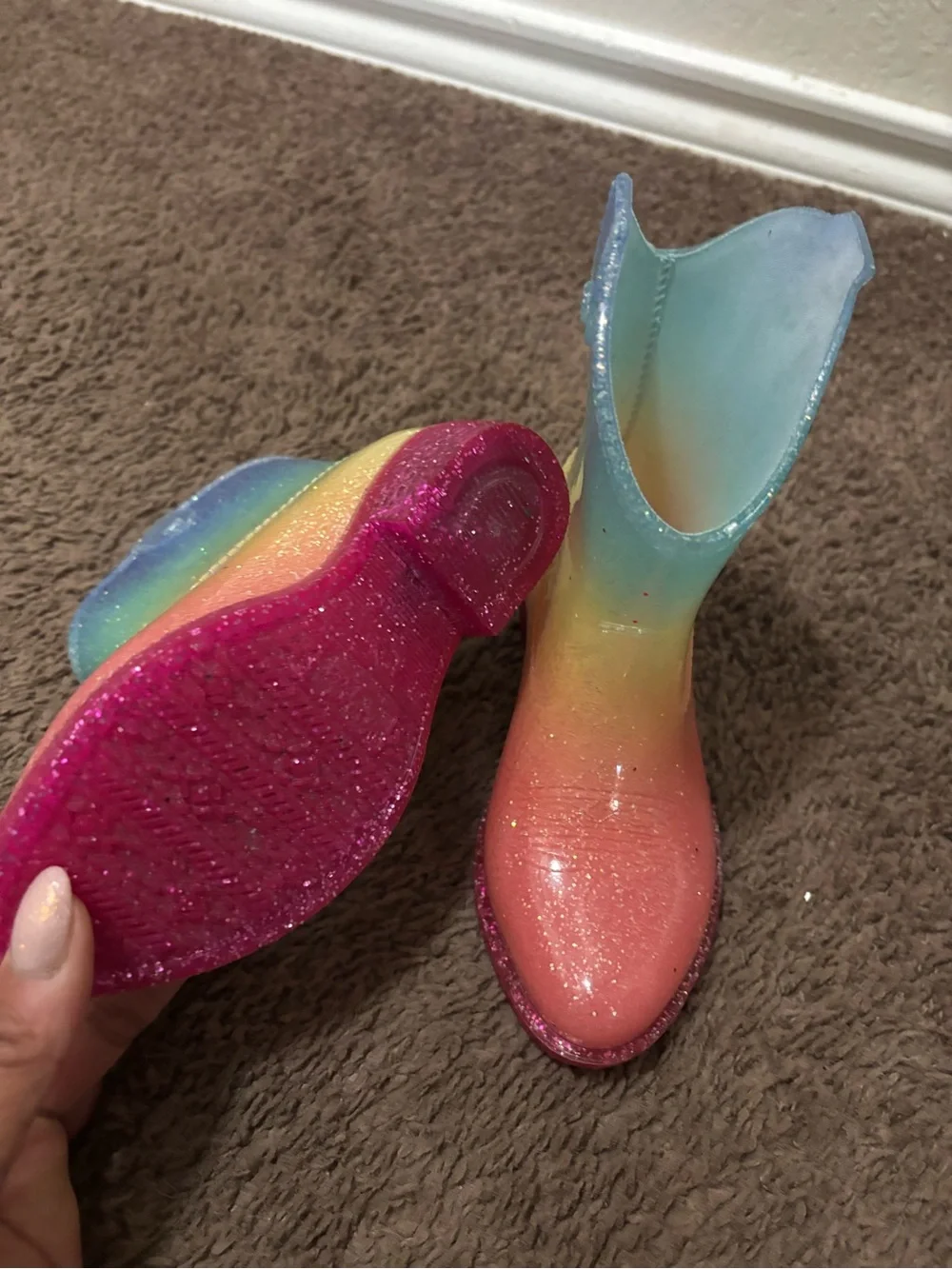 Western Chief Kids Rainbow Glitter Cowboy Boots - Blue Yellow Pink